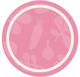 A pink circular icon with a white border, featuring subtle vegetable silhouettes including a carrot, onion, and leafy greens in the background.
