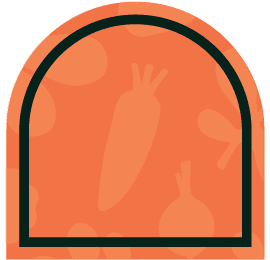 A stylized orange food label icon with a black arch outline, featuring faint vegetable illustrations including a carrot, onion, and drumstick in the background.