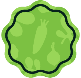 A green vegetable-themed badge with a wavy border, featuring silhouettes of a carrot, onion, and other vegetables in the background.