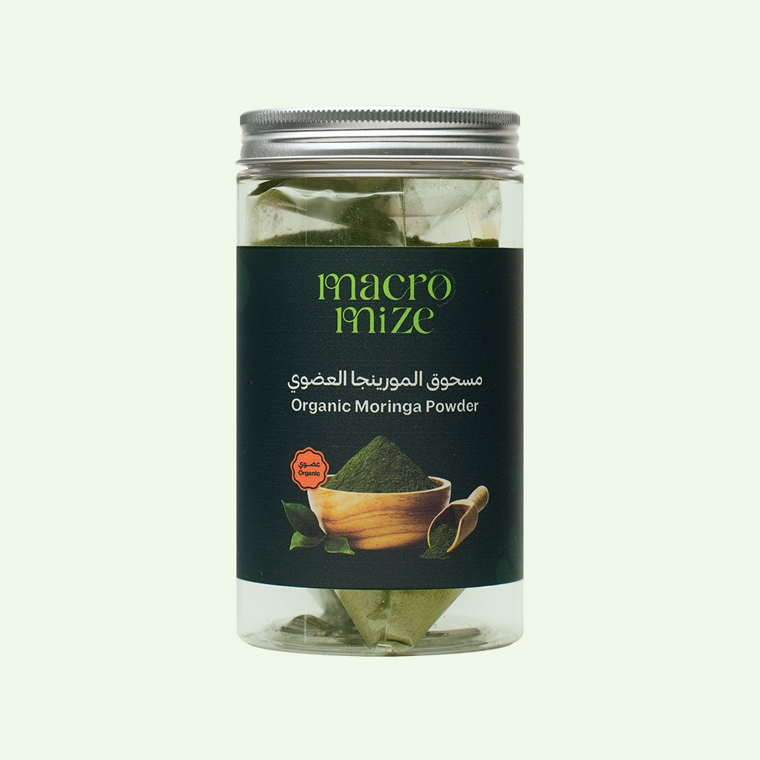 Macromize Organic Moringa Powder in clear jar with green label, a superfood herb for health and energy in the herbs & spices category.