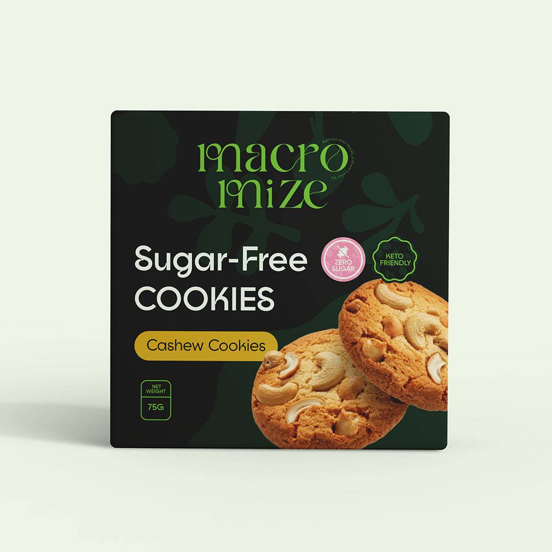 Sugar-Free Cashew Cookies by Macromize in 75g pack, keto-friendly and made without added sugar. Nutty, crunchy snack ideal for healthy diets.