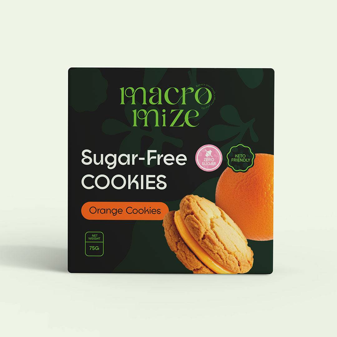 Sugar-Free Orange Cookies by Macromize in a 75g pack, featuring zesty citrus flavor and keto-friendly cream-filled treats.