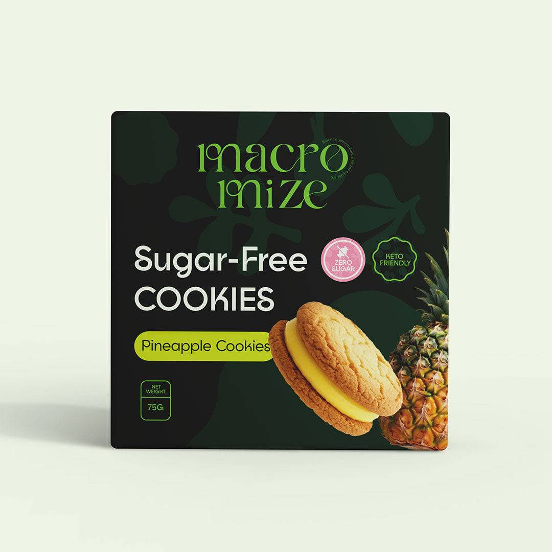 Macromize Pineapple Cream Cookies 75g box featuring sugar-free, keto-friendly cookies with a tropical pineapple filling. Ideal for healthy snacking.