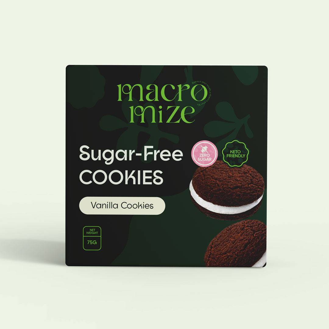 Vanilla Cream Cookies - Delicious and Sweet - Sugar-Free | Macromize box featuring two chocolate cookies with vanilla cream filling, labeled keto-friendly and zero sugar.