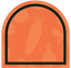 A stylized orange food label icon with a black arch outline, featuring faint vegetable illustrations including a carrot, onion, and drumstick in the background.