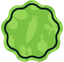 A green vegetable-themed badge with a wavy border, featuring silhouettes of a carrot, onion, and other vegetables in the background.