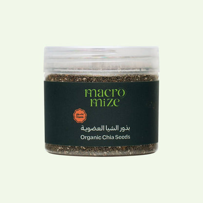Macromize Organic Chia Seeds in a clear plastic jar with dark green label, rich in omega-3, fiber, and antioxidants for healthy meals.