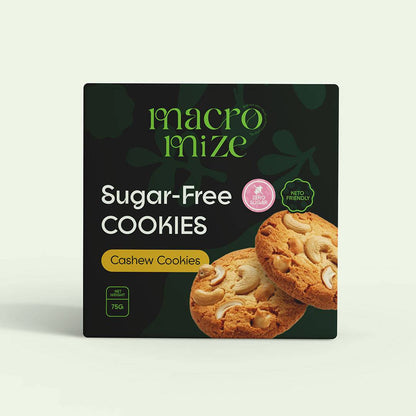 Sugar-Free Cashew Cookies by Macromize in 75g pack, keto-friendly and made without added sugar. Nutty, crunchy snack ideal for healthy diets.